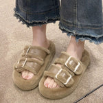 Fuzzy Buckle Detail Slippers