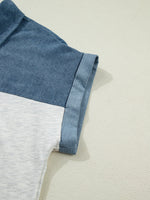 Color Block Denim Patchwork Button Polo Collar Short Sleeve Top