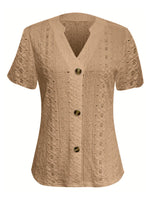 Openwork Notched Short Sleeve Top