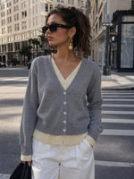 V-Neck Button-Down Contrast Layered Cardigan