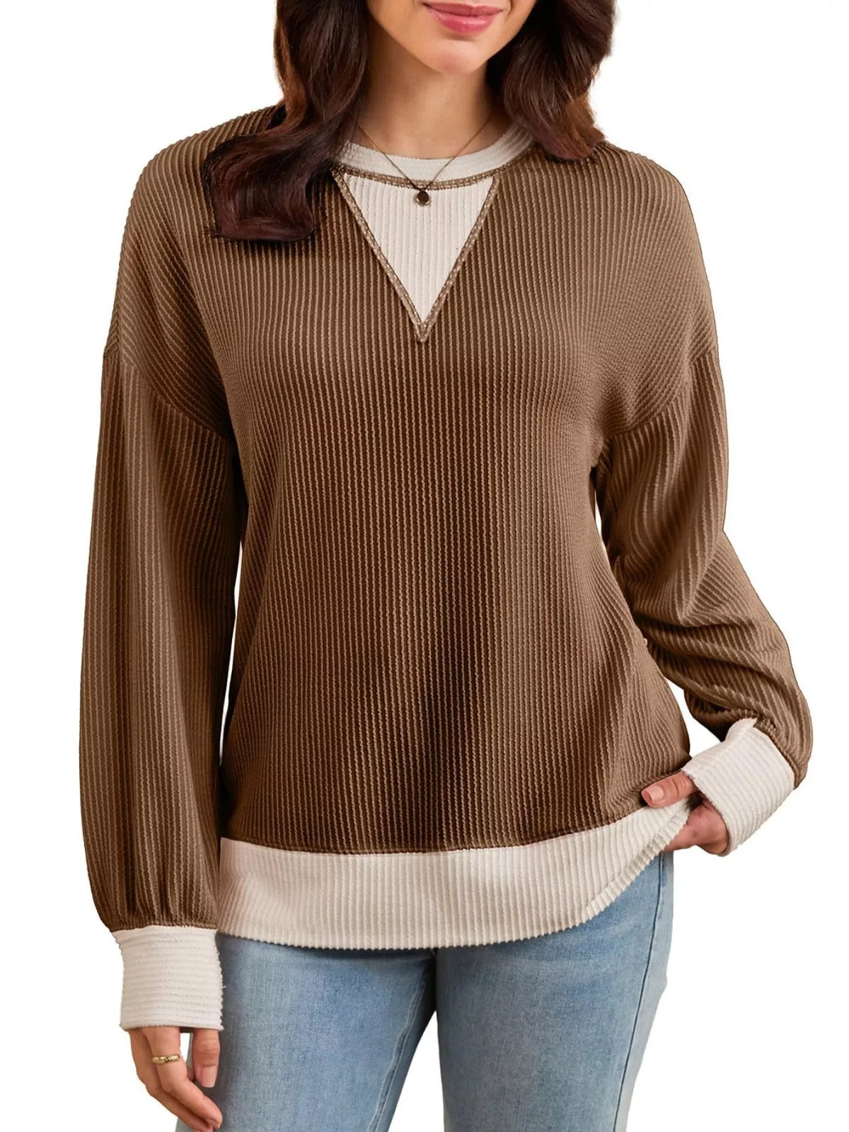 Two-Tone Ribbed Knit Sweatshirt