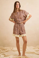 BiBi Leopard and Eyelet Lace Ruffled Top and Shorts Set