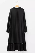 Collared V Neck Smocked Detail Contrast Leopard Trim Dress