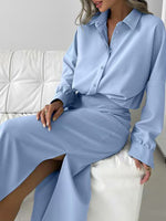 Long Sleeve Shirt and Slit Midi Skirt Set