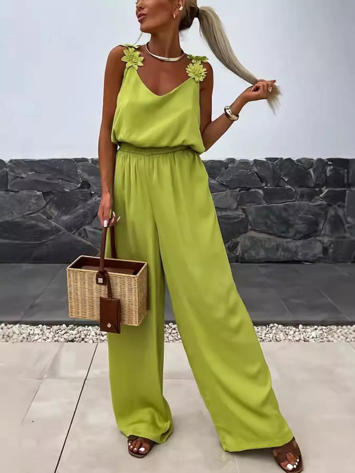 Floral Applique V-Neck Wide Leg Jumpsuit