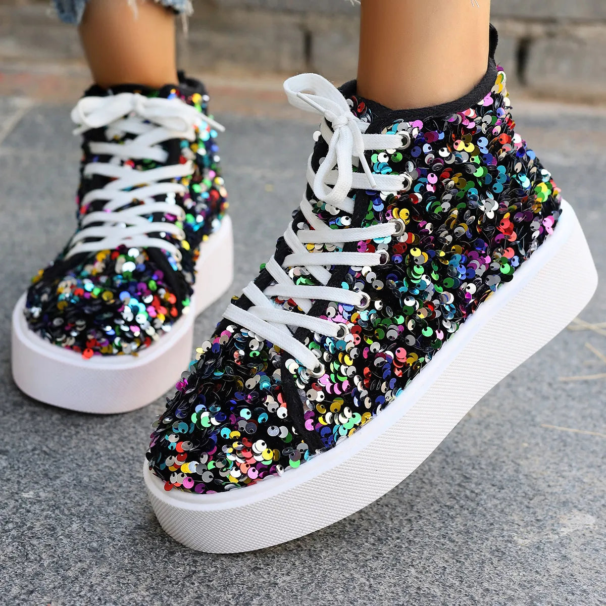 Sequin Round Toe Platform Sneakers