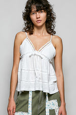 POL V-Neck Embroidered Trim Ruffled Cami