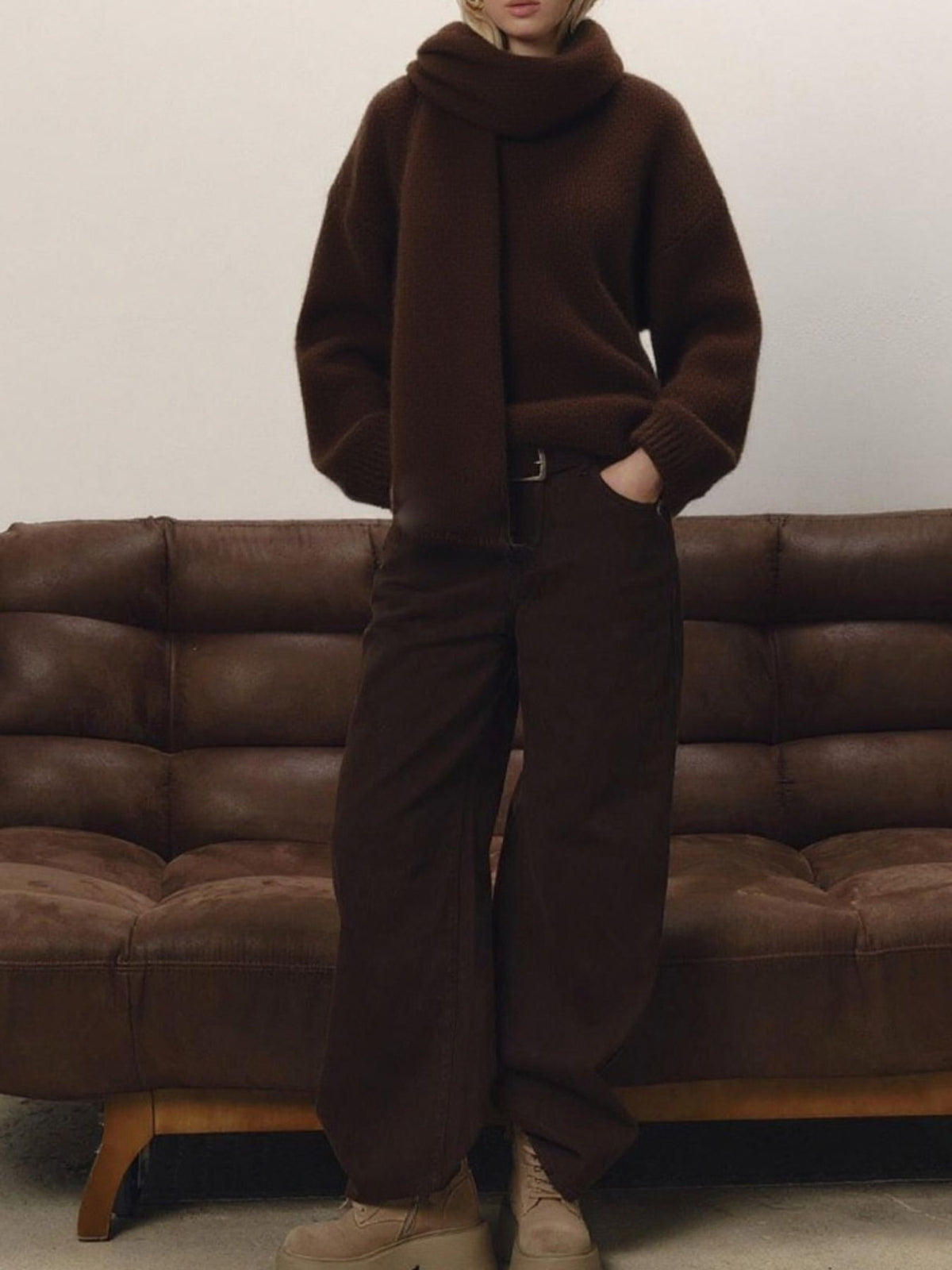 Oversized V-Neck Dropped Shoulder Sweater with Scarf