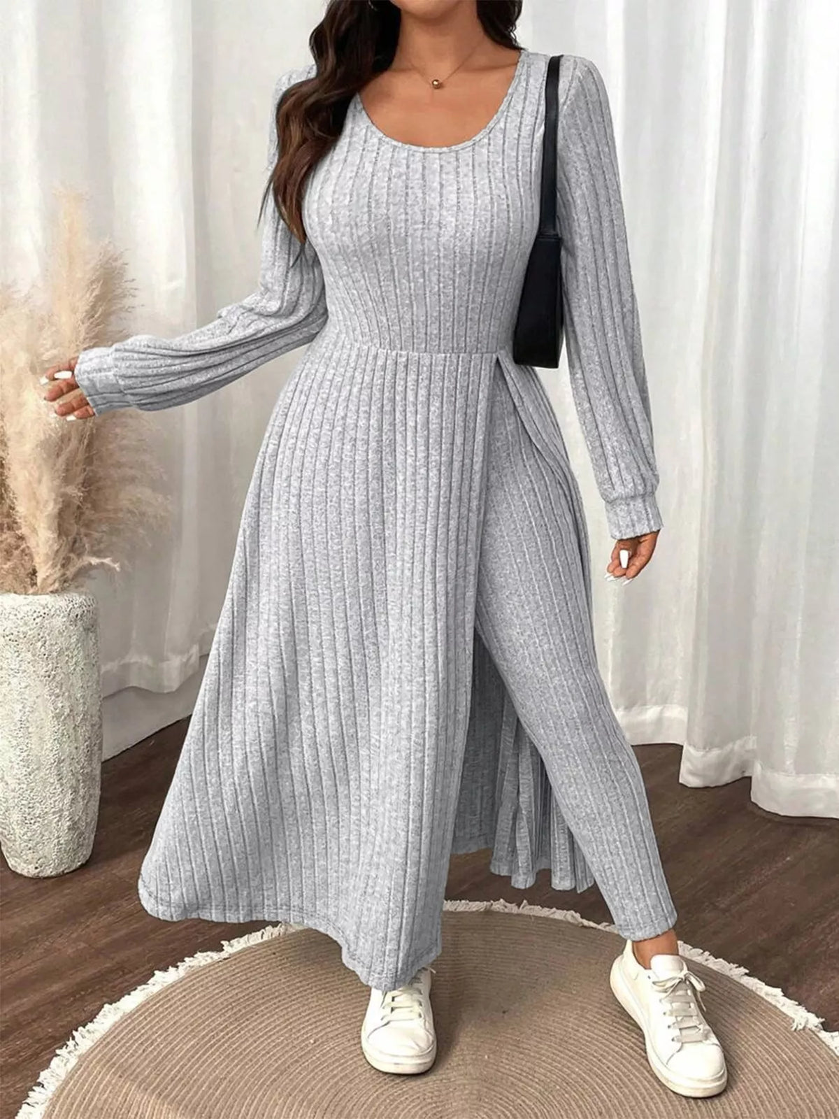 Plus Size Ribbed Knit Long Sleeve Split Dress & Leggings Set