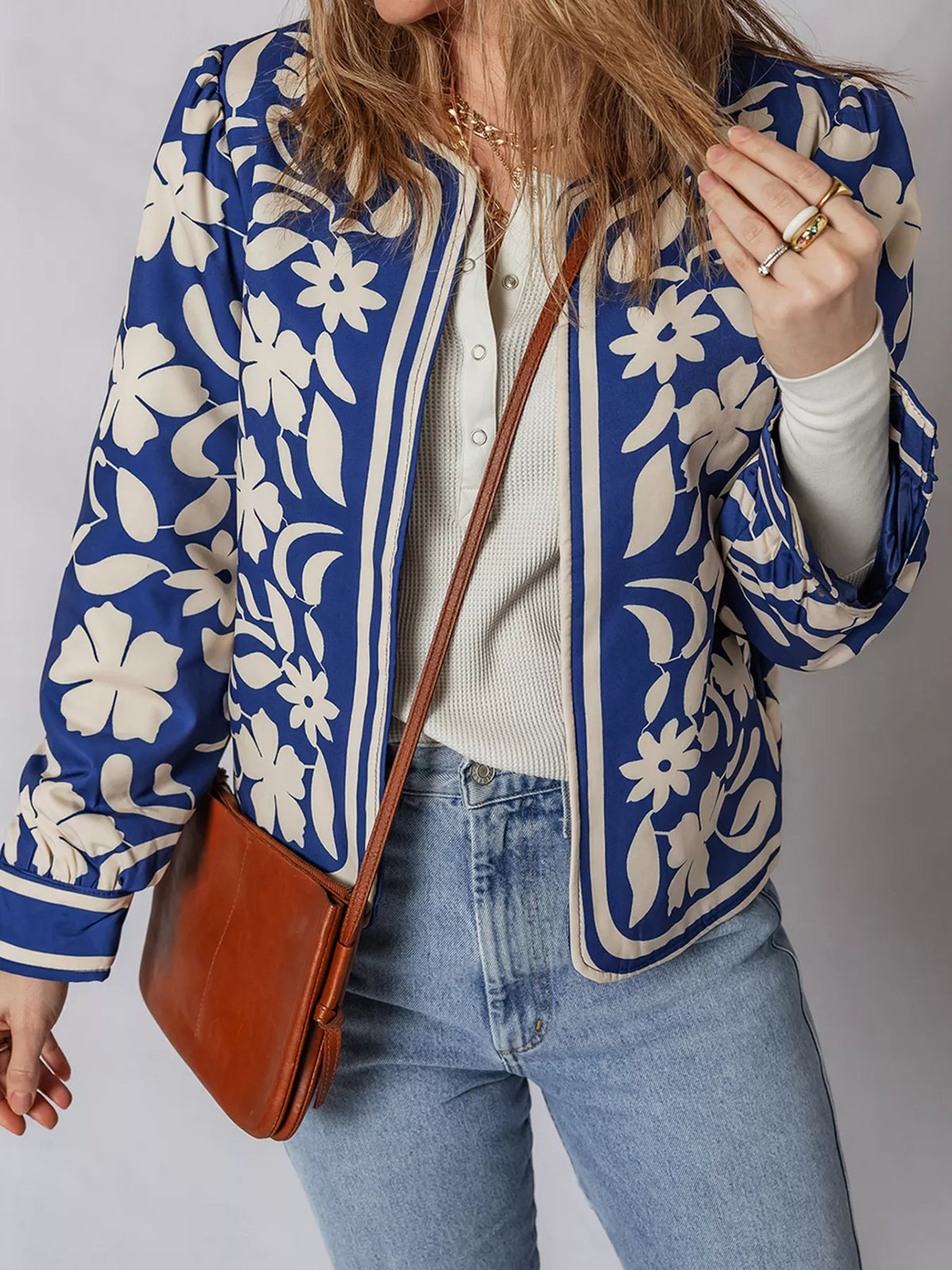 Flower Print Open Front Buttoned Cuffs Elegant Jacket