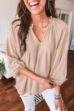 V Neck Gathered Cuff Three Quarter Sleeve Blouse