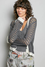 POL Openwork Contrast Cardigan with Floral Metal Button