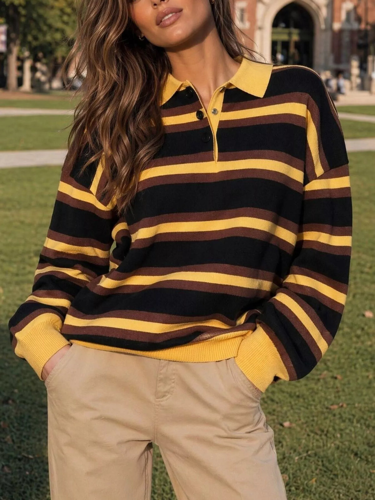 Striped Polo Collar Knit Sweater