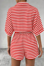 Striped Collared Neck Tie Waist Romper