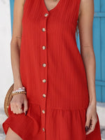 V-Neck Button-Front Ruffle Hem Dress