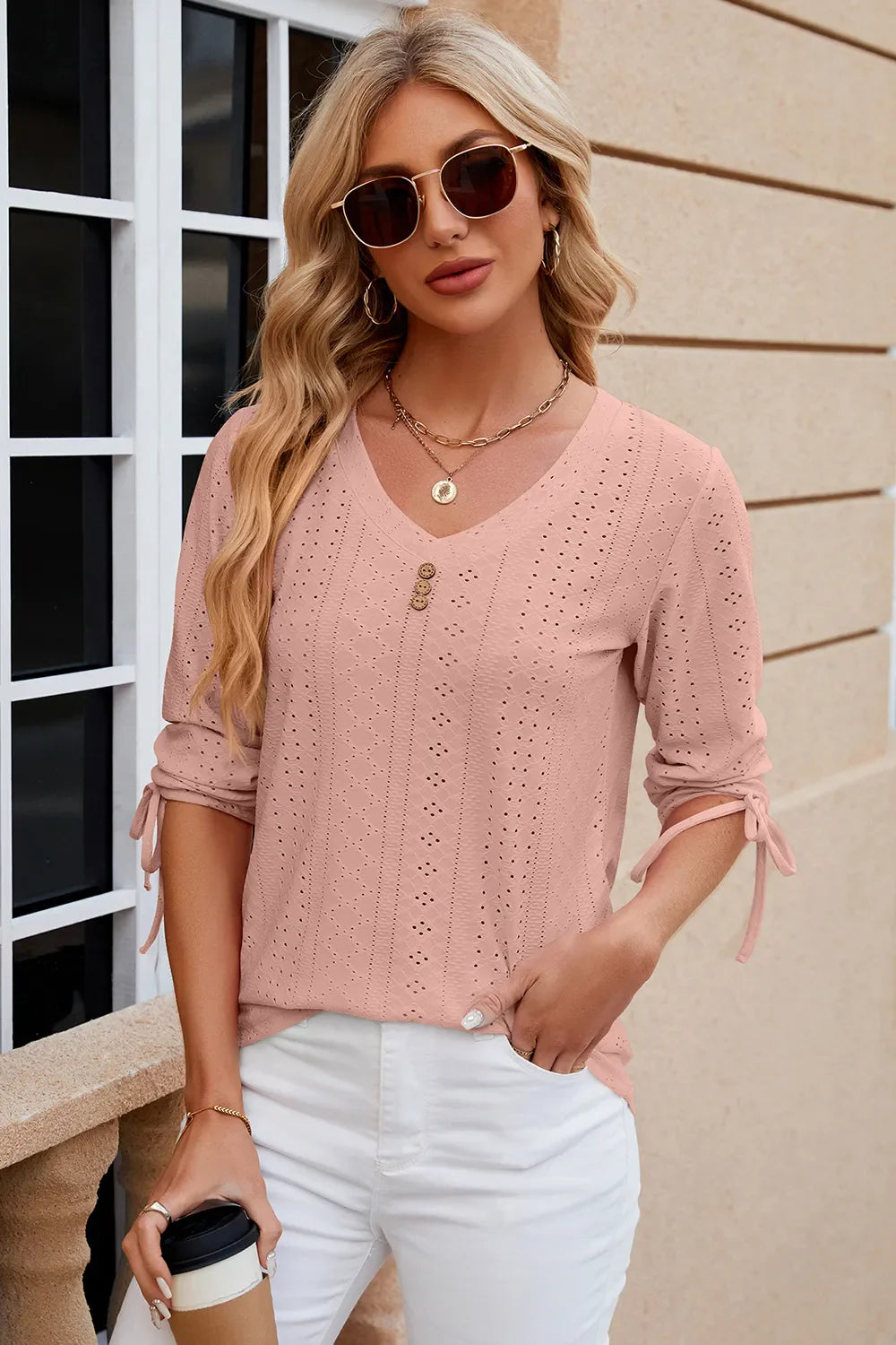 Eyelet Drawstring V-Neck Half Sleeve T-Shirt