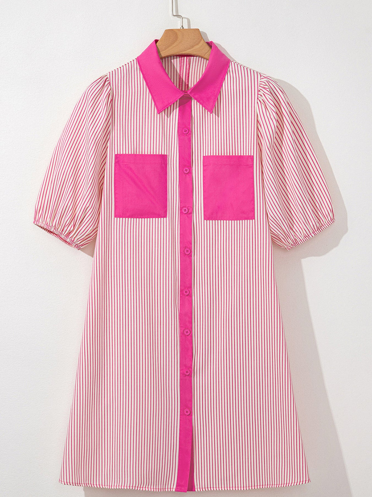 Stripe Color Block Patchwork Shirt Collar Button Down Puff Sleeve Mini Dress