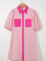 Stripe Color Block Patchwork Shirt Collar Button Down Puff Sleeve Mini Dress