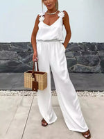 Floral Applique V-Neck Wide Leg Jumpsuit