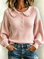 Full Size Ruffle Collar Button Detail Sweater Plus Size