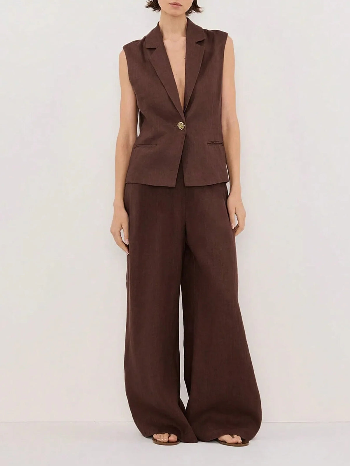 One Button Sleeveless Top and Pants Set