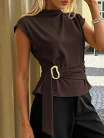 Mock Neck Cap Sleeve Buckle Top