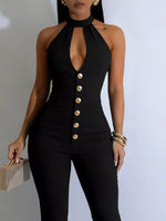 Halter Neck Cut-Out Flare Jumpsuit with Button Detail