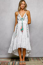 POL Embroidered Detail Tassel Tie Smocked Waist Midi Tiered Cami Dress