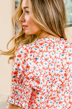 BiBi Floral Jqd Smoked Puff Sleeves V Neck Top