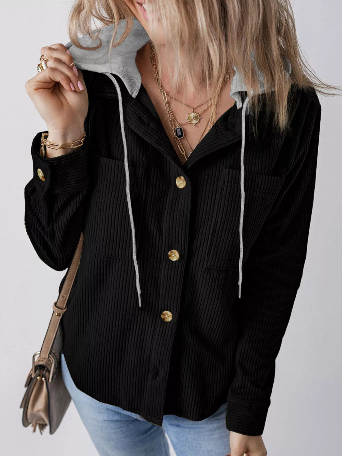 Hooded Corduroy Button-Down Jacket