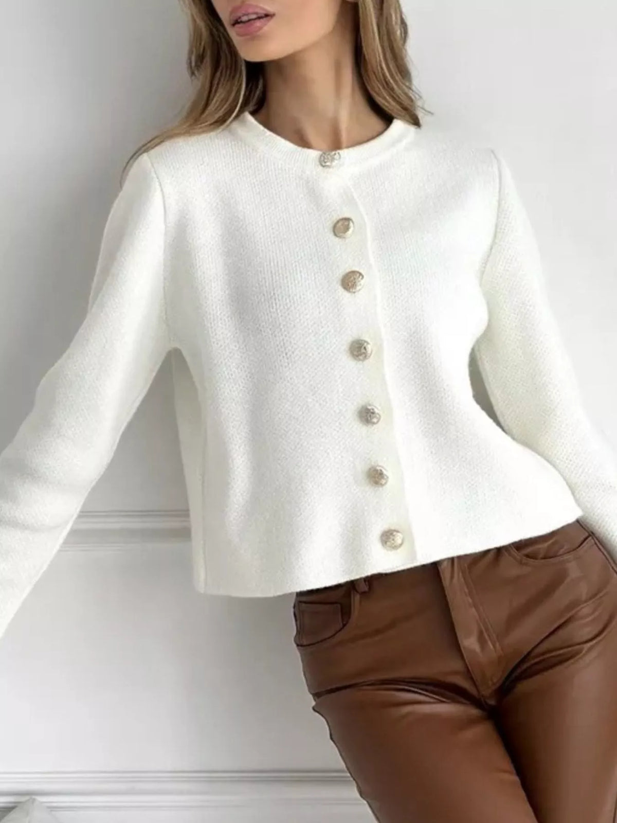Crew-Neck Button Down Cardigan