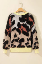 Leopard Print Drop Shoulder Long Sleeve Round Neck Sweater