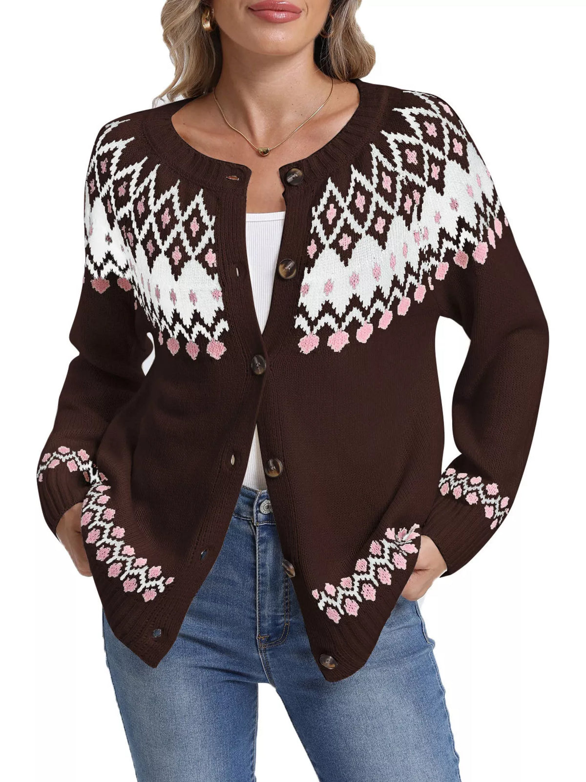 Fair Isle Patterned Button-Down Knit Cardigan