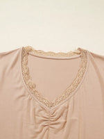 Lace-Trimmed Ruched Detail Long Sleeve T-Shirt