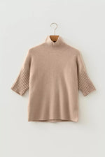 Ribbed Trim High Neck Short Sleeve Casual Sweater