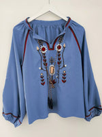 Floral Embroidered Split Neck Tassel Tie Puff Sleeve Blouse