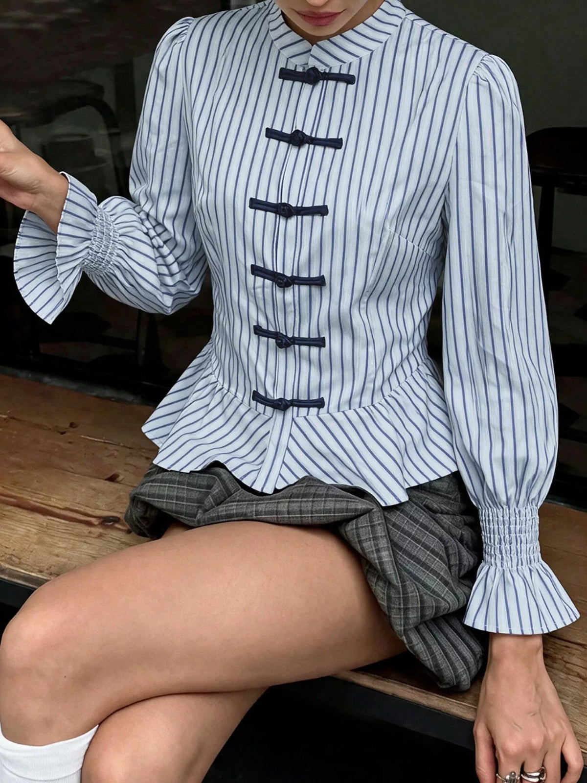 Striped Mandarin Knot Buttons Peplum Hem Shirt