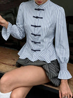 Striped Mandarin Knot Buttons Peplum Hem Shirt