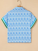 Western Print Zipped Collar Short Sleeve Summer Blouse Top