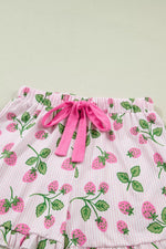 Striped Strawberry Print Lapel Shirt Drawstring Shorts 2pcs Pajama Set