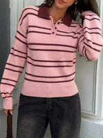 Striped Polo Collar Dropped Shoulder Sweater