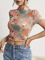 Abstract Print Ruffled Mock Neck Crop T-Shirt