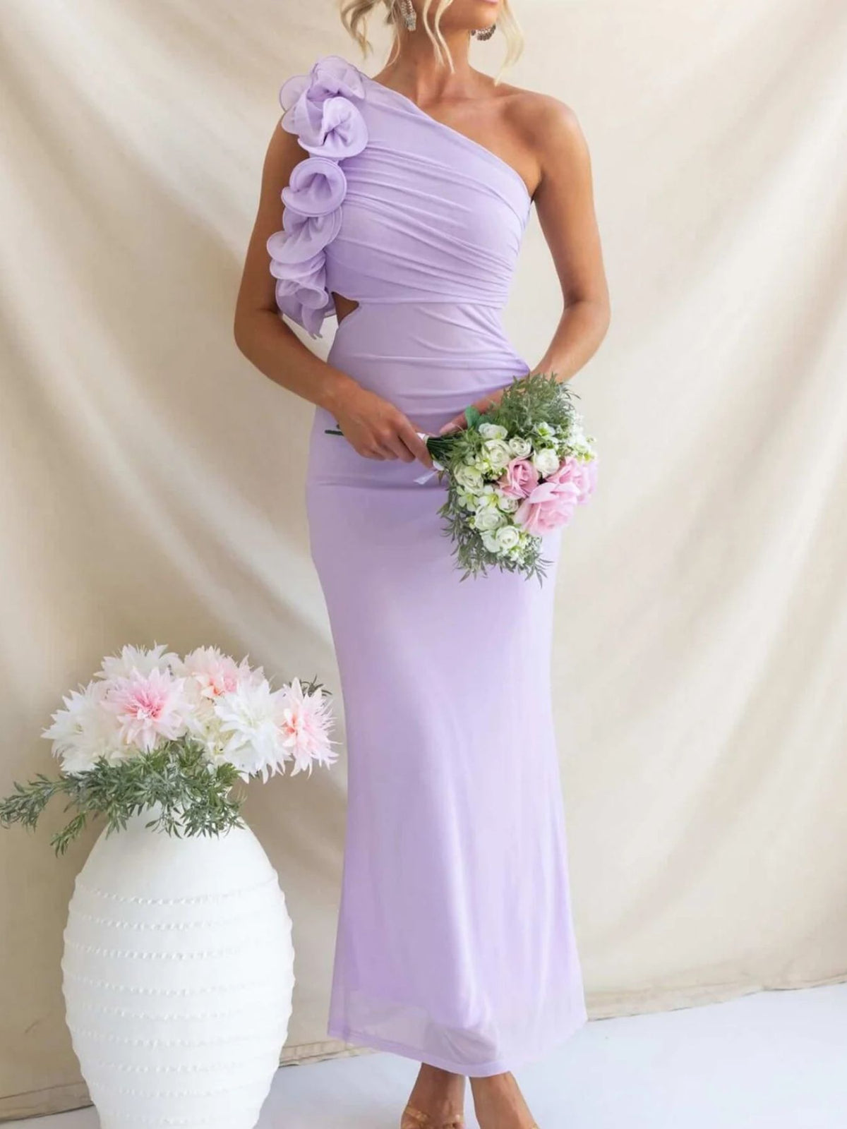 One-Shoulder Floral Trim Sleeveless Maxi Dress