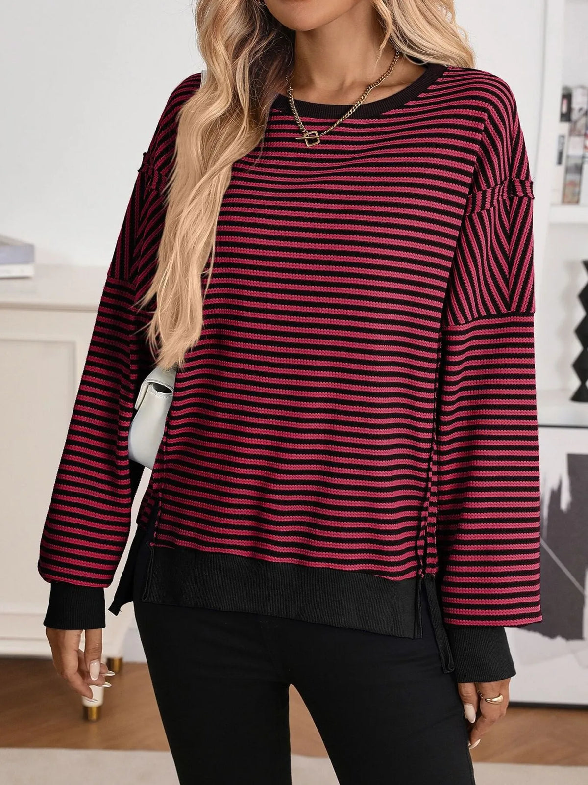 Exposed Seam Striped Contrast Sweatshirt