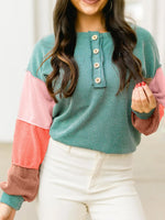 Color Block Ribbed Knit Henley Sweatshirt