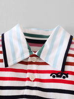 Children's Colorful Striped Polo Shirt and Car Print Shorts Set