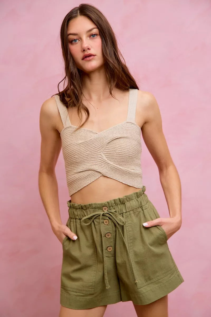 SO ME Paper Bag Patch Pocket Drawstring Twill Shorts