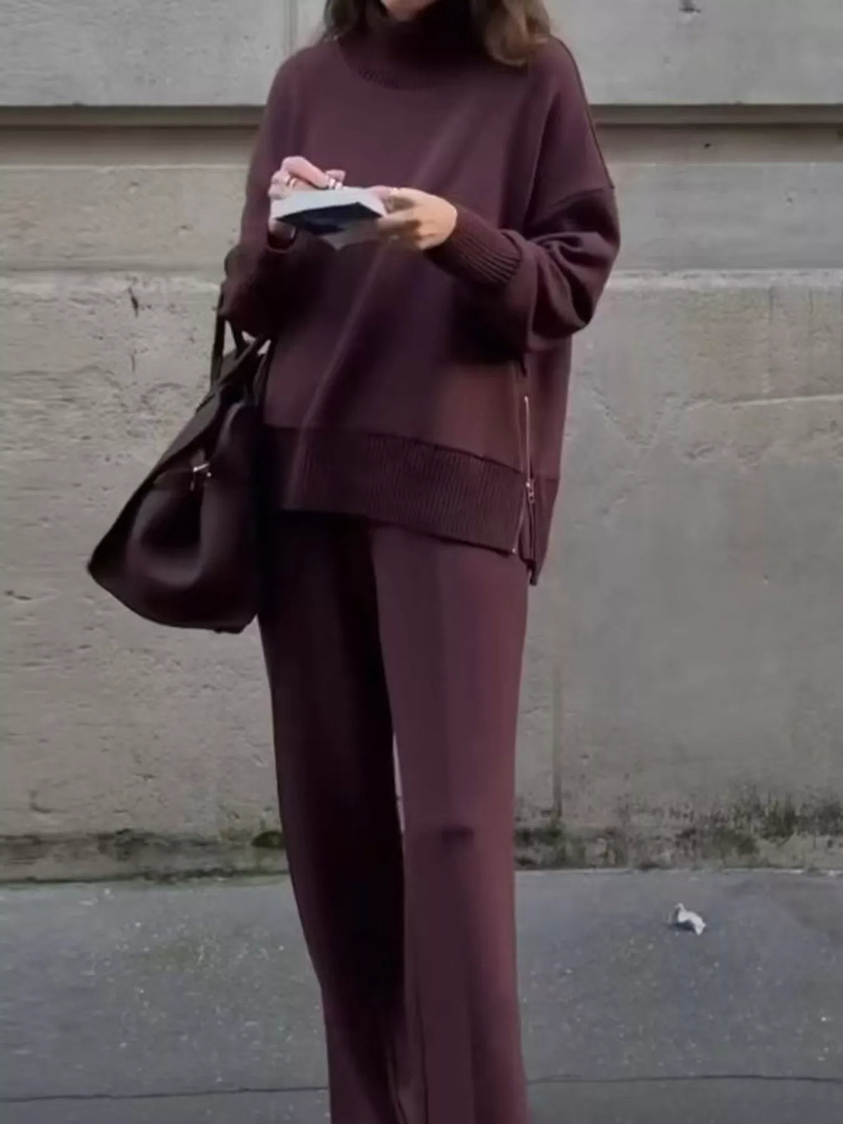 Turtleneck Side Zipper Sweatshirt and Pants Set