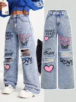 Graffiti Print Ripped Wide Leg Jeans