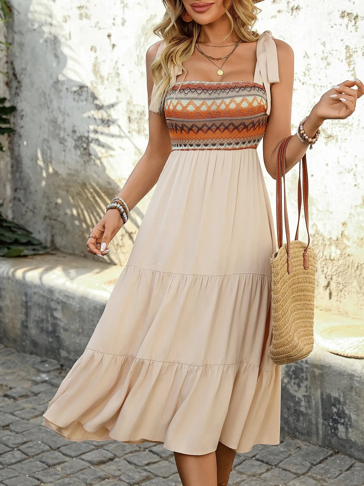 Tiered Tie Shoulder Midi Dress